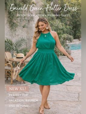 NSR Emerald Green Halter Midi Dress XL NWT Resort Vacation Wedding Guest